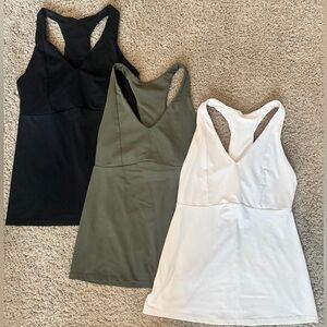 Fabletics Set of 3 Built-In Bra Racerback Tanks - Black, Olive & White XS/S